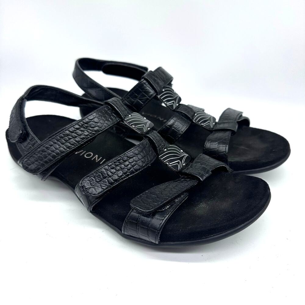 Vionic Amber Sandals Black Embossed Leather Womens Size 10 Adjustable Strappy